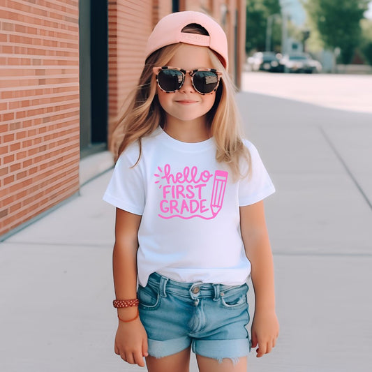 Kids Pink Hello First Grade Tee Shirt